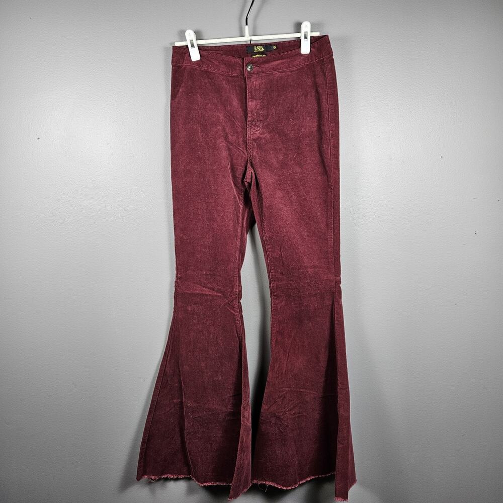 Lucky & Blessed Burgundy Corduroy High Rise Extreme Flare Raw Hem Pants Women’s